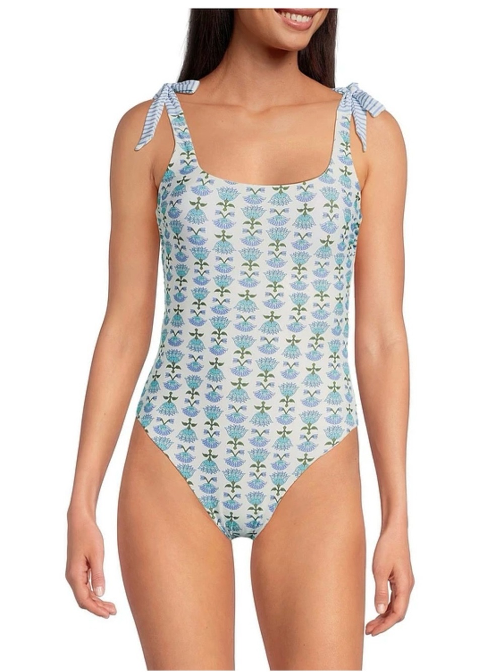 Blue & White Floral Tie-Shoulder One-Piece Swimsuit